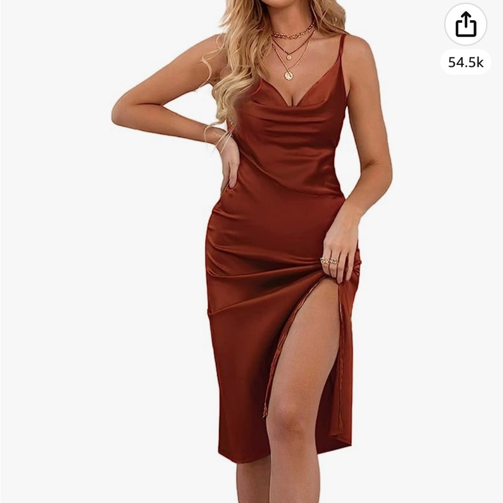 Rust Midi Dress Adjustable Straps cowl neck
